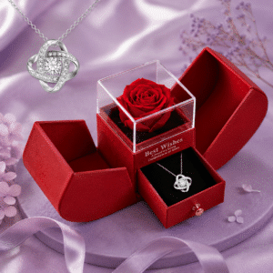 Coffret cadeau rose éternelle rouge collier argent brillant