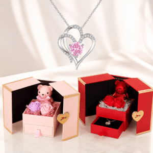 Coffret ourson rose éternelle et collier coeur