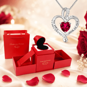 Boite bijoux rose éternelle collier coeur brillant argent