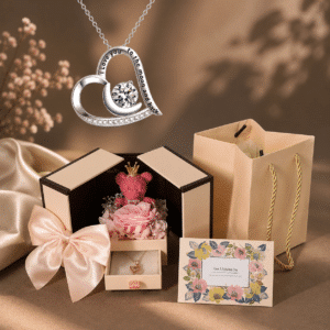 Coffret rose éternelle ourson avec coeur ajouré pierre