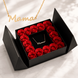 Coffret noir roses éternelles avec collier maman