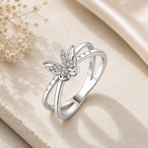 Bague femme papillon double anneau argent