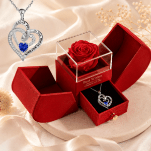 Boite à bijoux rose éternelle rouge collier coeur ajouré