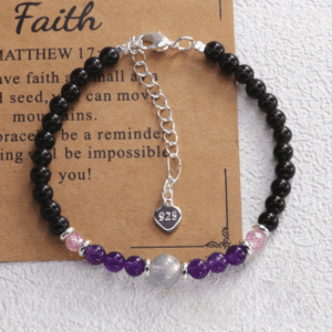 Bracelet noir perles violettes et roses